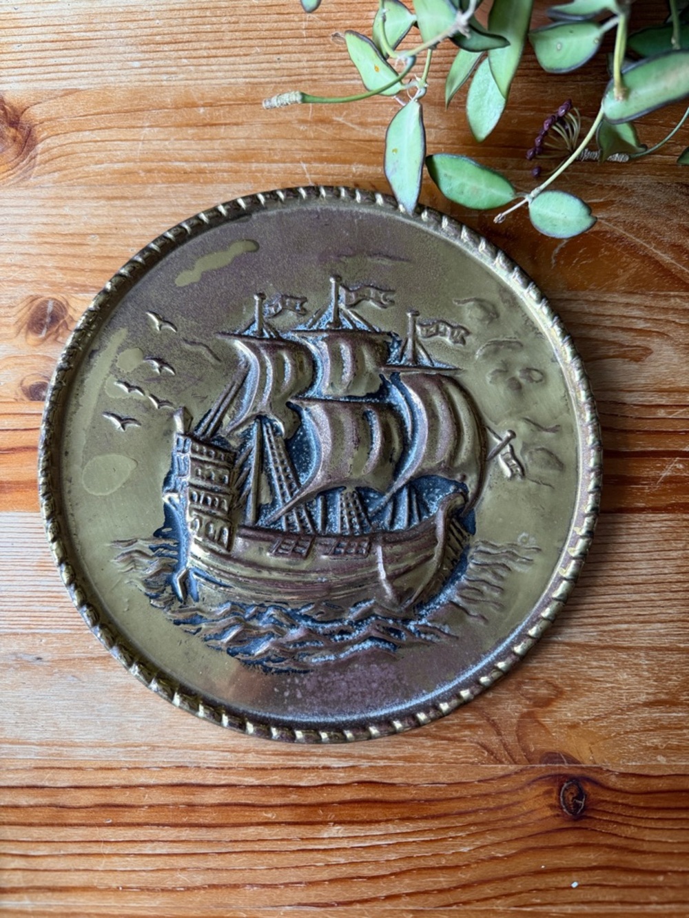 Vintage Embossed Brass Sailing Ship Wall Plaque